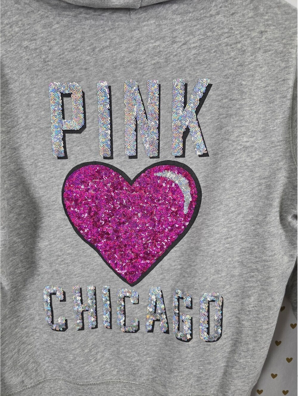 Victorias Secret Pink CHICAGO Bling Heart Sequined Full Zip Hoodie Jacket LARGE - Picture 5 of 5